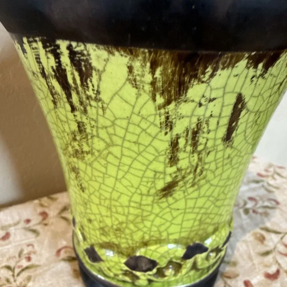Vintage Tuscan Lime Green Crackle Glaze Ceramic Canister - Lidded Scrollwork Jar